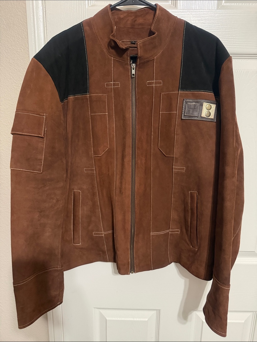 Men's Brown Suede Bomber Jacket with Black Panels